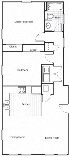 Floor plan for 2 beds, 1.5 baths, 938 sqft